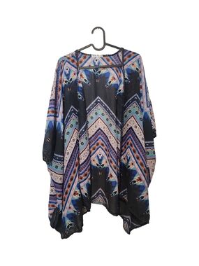 Tribal Chevron Open-Front Kimono in Black with Blue & Teal